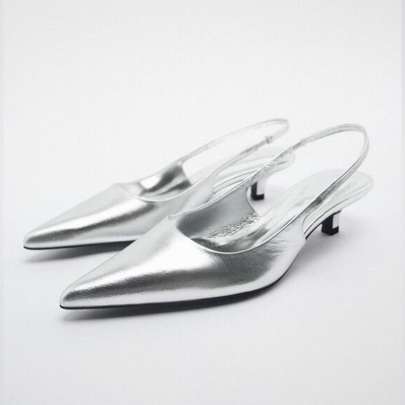 Zara | Silver Chrome Leather Slingback Shoes - Picture 2 of 13